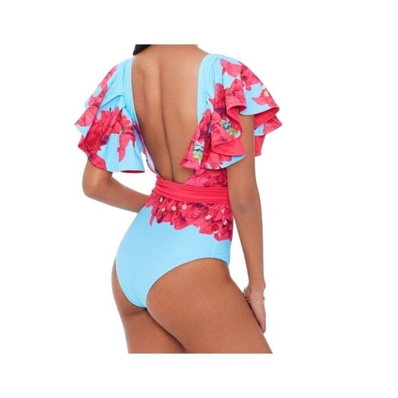 Floral Backless Bathing Suit XL Blue Flutter Feminine Chic Glam Preppy Dainty - Picture 1 of 15